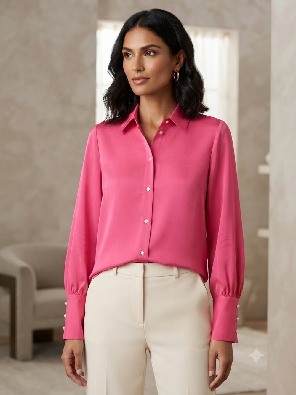 Take 50% OFF-CeCe Hot Pink Pearl-Button Silk-Like Blouse, Size-M